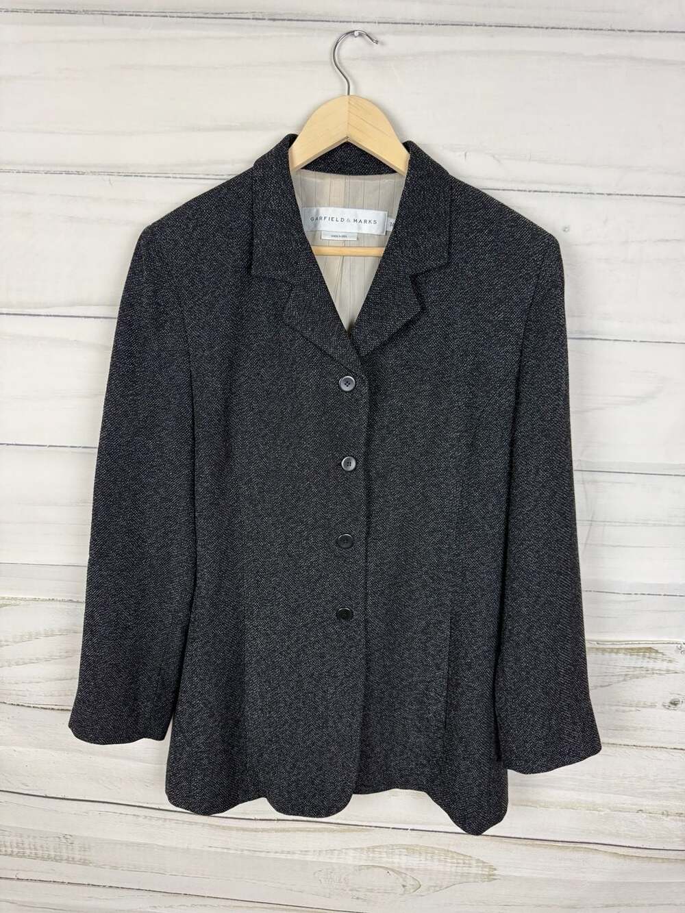 Garfield & Marks Women's Black White Tweed 4-Button Blazer Jacket Size 14